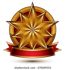 Vector complicated glossy design element, luxury 3d polygonal golden star placed on a decorative blazon, conceptual graphic coat of arms with wavy red ribbon, clear EPS 8.