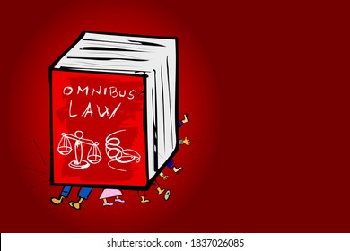 Vector For Complitcated And Unfair Omnibus Law, Hand Draw Sketch Regulation Bigbook Above The Labour, At Gradient Background
