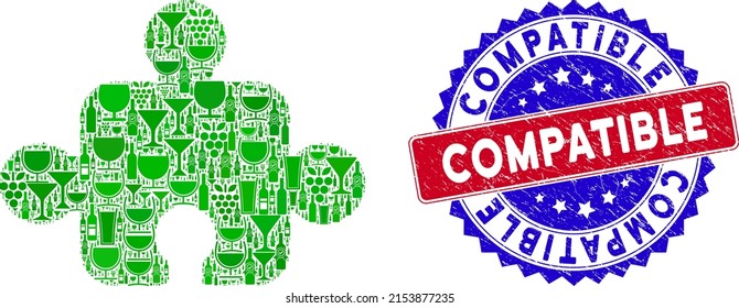 Vector component icon wine combination with grunge bicolor Compatible seal. Red and blue bicolored seal with grunge texture and Compatible slogan. Component mosaic icon designed with wine cups,