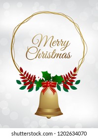 Vector of  composite image Merry Christmas, gold bell, leaves and flowers.