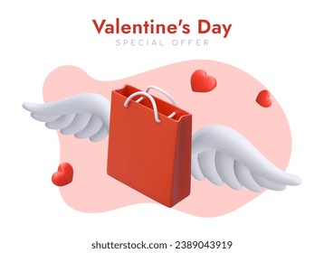 Vector composition of 3D elements. Thematic promotion, special offer. Valentines day. Red shopping bag, wings, hearts. Color illustration in cartoon style