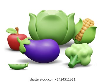 Composición vectorial de verduras y frutas en 3D. Col, berenjena, manzana, maíz, guisantes verdes