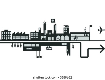 vector composition about an abstract city. including people, building and icons