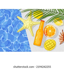 Vector composition about summer beach vacation with the image of a swimming pool, a bottle of lemonade, a starfish and fruits.