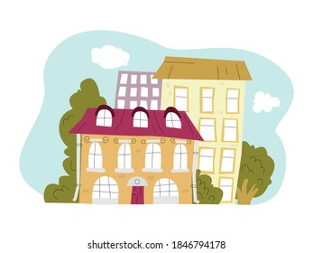 Composición vectorial de estructuras arquitectónicas y casas. Arquitectura conceptual, construcción, edificios históricos, ciudades antiguas. Se puede usar como elementos independientes o completos en el diseño web, banners, etc