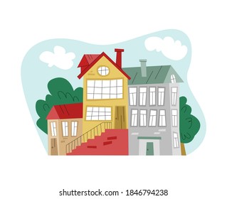 Vector composition of architectural structures and houses. Concept architecture, construction, historical buildings, old cities. You can use it as separate elements or whole in web design, banners etc