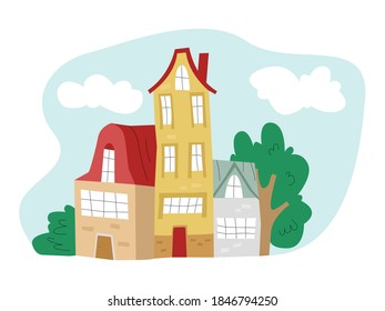 Vector composition of architectural structures and houses. Concept architecture, construction, historical buildings, old cities. You can use it as separate elements or whole in web design, banners etc