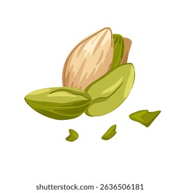 Vector composition of assorted pistachios. Closed, opened, broken, crushed nuts. Hand drawn illustration for food product design, packaging, menu graphics, promo visuals, healthy apps