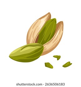 Vector composition of assorted pistachios. Closed, opened, broken, crushed nuts. Hand drawn illustration for food product design, packaging, menu graphics, promo visuals, healthy apps