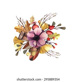 Vector Composition With Autumn Leaves And Fruits In A Watercolor Style. Beautiful Autumn Boutonniere With Feathers, Flowers And Leaves. Autumn Bouquet.