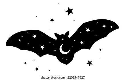 Vector composition with bat and stars. Hand drawn illustration. Isolated objects on white background.