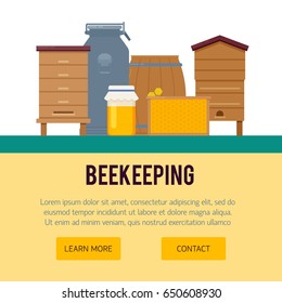 Vector composition with beekeeping symbols. Modern template illustration. Banner or web page template with with place for text.