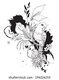 Vector composition with birds and flowers black and white