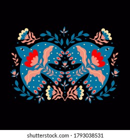 Vector composition of birds and flowers in folk art. For sublimation design, print, poster design, card making, stationery, party tags, blog design, logos, digital scrapbooking, packaging.