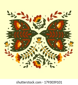 Vector composition of birds and flowers in folk art. For sublimation design, print, poster design, card making, stationery, party tags, blog design, logos, digital scrapbooking, packaging.