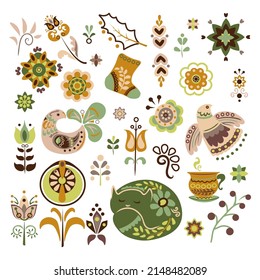 Vector composition with birds, kitty, sock, cup as well as plant and decorative elements in a folk-art style. Nordic style. Hygge. 