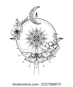 Vector composition of black and white moth, plants, elements of astrology and sacred geometry isolated on white background. Mystical symbols and insects. Hand drawn illustration for tattoo, coloring b
