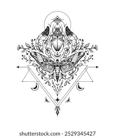 Composição vetorial de mariposa preta e branca, plantas, elementos de astrologia e geometria sagrada isolados sobre fundo branco. Símbolos e insetos místicos. Ilustração desenhada à mão para tatuagem, coloração b