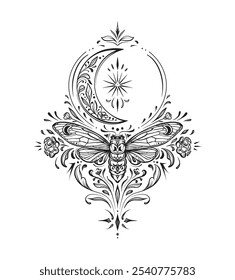 Vector composition of black and white moth, plants, elements of astrology and sacred geometry isolated on white background. Mystical symbols and insects. Hand drawn illustration for tattoo, coloring b