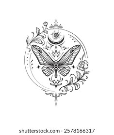 Vector composition of black and white moth, plants, elements of astrology and sacred geometry isolated on white background. Mystical symbols and insects. Hand drawn illustration for tattoo, coloring b