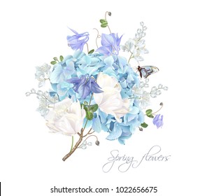 Vector composition with blue hydrangea, tulip flowers and butterfly isolated on white. Floral design for cosmetics, perfume, beauty care products. Can be used for greeting card, wedding invitation