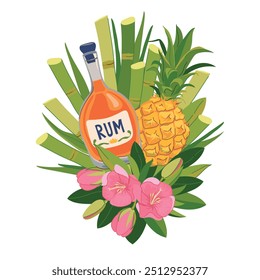 Composición de Vector con una botella de ron, piña y flores tropicales. Ilustración para un menú de bar de playa. Vacaciones de crucero, vacaciones de verano, fiesta, cafetería, vacaciones.