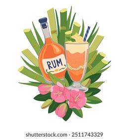 Composición de Vector con botella de ron, refrescante cóctel y flores tropicales. Ilustración para el menú del bar de la playa. Vacaciones de crucero, vacaciones de verano, fiesta, cafetería, vacaciones.