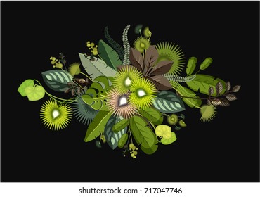 Vector composition bouquet of exotic plants and tropical leaves lined in round form on a black background