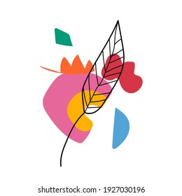 Vector composition of bright spots and tropical leaf hand drawn.Abstract illustration in on-trend colors and calanthea plants on white isolated background.Design for t-shirts,stickers,packaging,cards