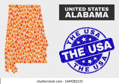 Vector composition of burn Alabama State map and blue round textured The USA seal stamp. Fiery Alabama State map mosaic of flame items. Vector composition for fire protection services,