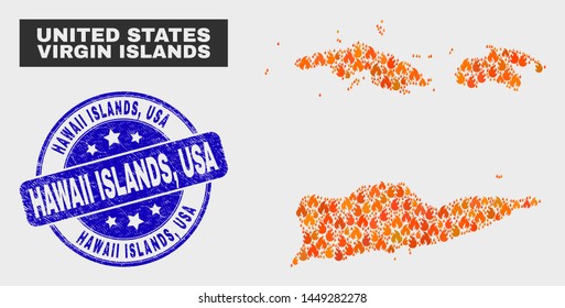 Vector composition of burn American Virgin Islands map and blue round distress Hawaii Islands, USA seal stamp. Orange American Virgin Islands map mosaic of flame icons.
