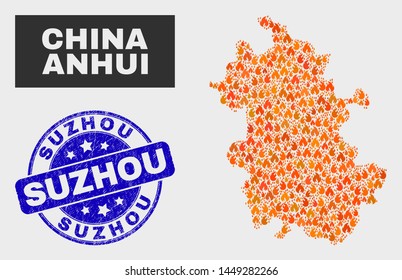 Vector composition of burn Anhui Province map and blue rounded scratched Suzhou seal stamp. Fiery Anhui Province map mosaic of fire symbols. Vector composition for fire protection services,