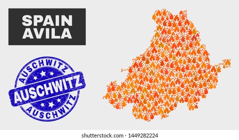 Vector Composition Of Burn Avila Province Map And Blue Rounded Grunge Auschwitz Seal Stamp. Fiery Avila Province Map Mosaic Of Flame Items. Vector Combination For Guard Services,