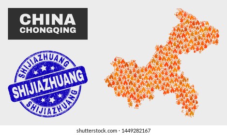 Vector composition of burn Chongqing City map and blue rounded scratched Shijiazhuang seal. Fiery Chongqing City map mosaic of fire elements. Vector composition for fire protection services,