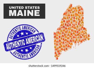 Vector composition of burn Maine State map and blue rounded scratched Authentic American stamp. Orange Maine State map mosaic of fire symbols. Vector collage for fire protection services,