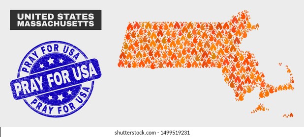 Vector composition of burn Massachusetts State map and blue round textured Pray for USA stamp. Orange Massachusetts State map mosaic of fire icons. Vector collage for fire protection services,