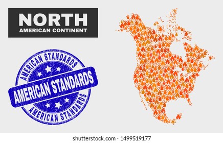 Vector composition of burn North America v2 map and blue round distress American Standards seal. Fiery North America v2 map mosaic of wildfire elements. Vector composition for safety services,