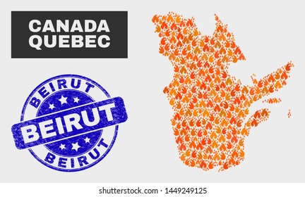 Vector composition of burn Quebec Province map and blue round scratched Beirut seal. Orange Quebec Province map mosaic of flame icons. Vector combination for emergency services, and Beirut seal stamp.