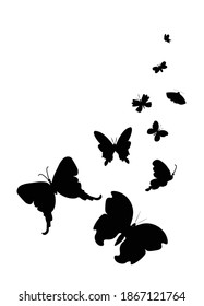 Vector composition of butterflies in motion hand drawn. Illustration of flying insects silhouettes in black doodle style. Design for cards, posters,social networks,packaging,stencils,decoration,stickers.