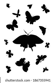 Vector composition of butterflies in motion hand drawn.Illustration of flying insects silhouettes in black doodle style.Design for cards,posters,social networks,packaging,stencils,decoration,stickers.