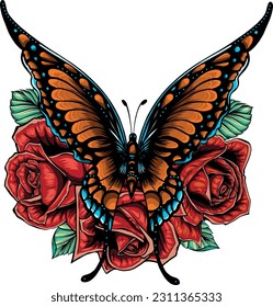 Composición vectorial de la mariposa y de las rosas brillantes