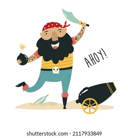Composición vectorial con un alegre pirata en bandana con espada, bomba y arma de artillería.