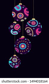 Vector composition with Christmas balls garland, baubles   on dark blue background