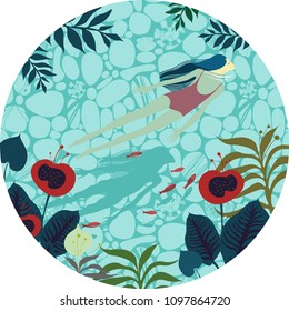 vector composition in a circle with a beautiful girl floating in crystal water, with a flock of goldfish, amongst green plants