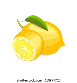 Vector composition of a citrus lemon fruits. on white background. Yellow lemon whole and cut . Group of tasty ripe tropical fruit, designer elements for packaging juice breakfast health food, tea.