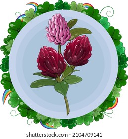 Vector composition of clover flowers and rainbows for the holiday of St. Patrick's Day. Round frame decorated with shamrock sprout, leaves and flowers. Festive design