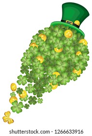 Vector composition of clover leaves and gold coins pouring out of a leprechaun's hat. Isolated object