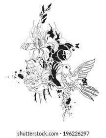 Vector composition with colibri and flowers black and white