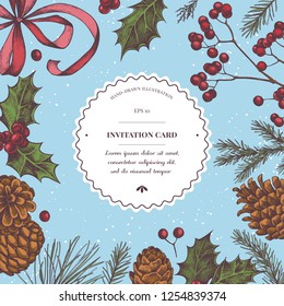 Vector composition with colored bow, cones, rowan, holly, pine branch, spruce