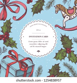 Vector composition with colored bow, toy horse, gift boxes, holly, pine branch, spruce, redwood
